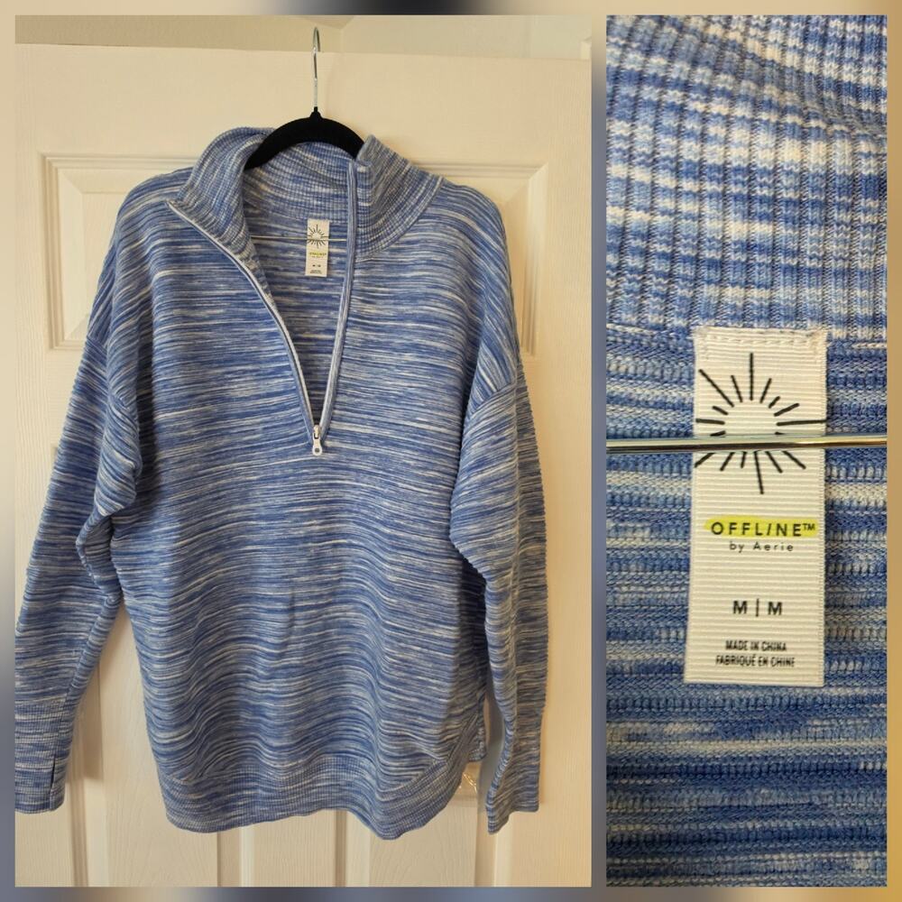 OFFLINE by Aerie Quarter Zip Sweater Womens M Ribbed Blue Thumbholes Boyfriend